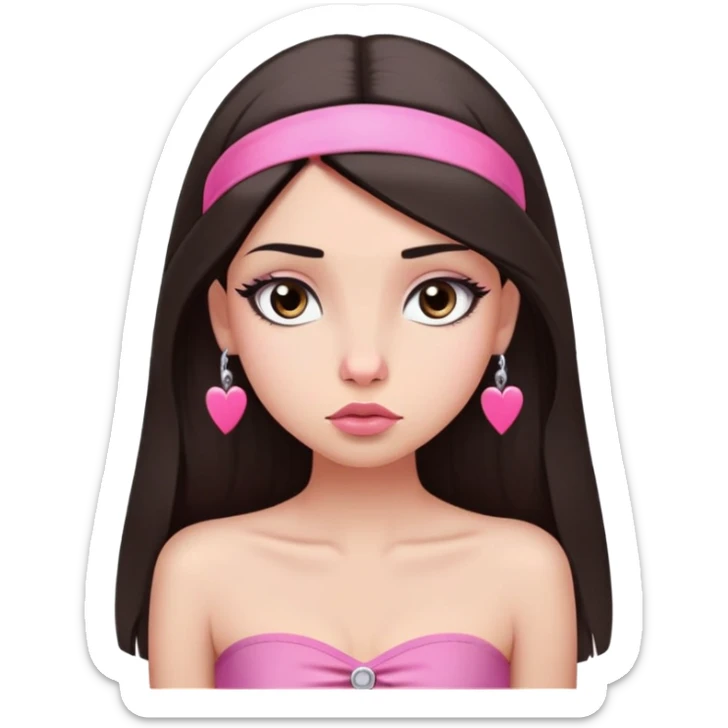 girl with lighter skin, dark brown long straight hair, pouty shiny lips without cupid's bow, large eyes, lighter button nose, long oval-shaped face, wearing a pink bandeau top with straight neckline, looking directly at camera with hands down at sides sticker