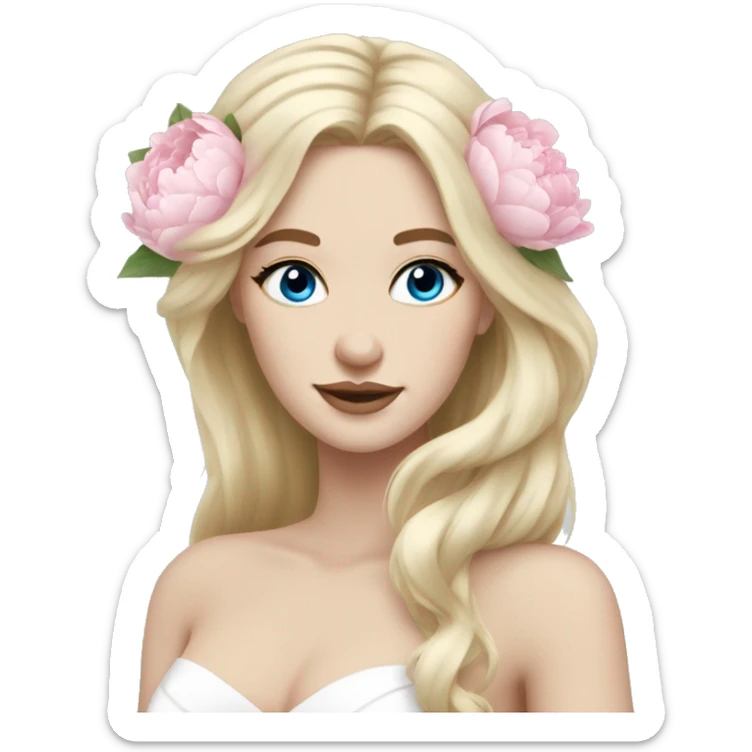 White bride with long light blonde hair and blue eyes with light pink peonies in hair white skin  sticker