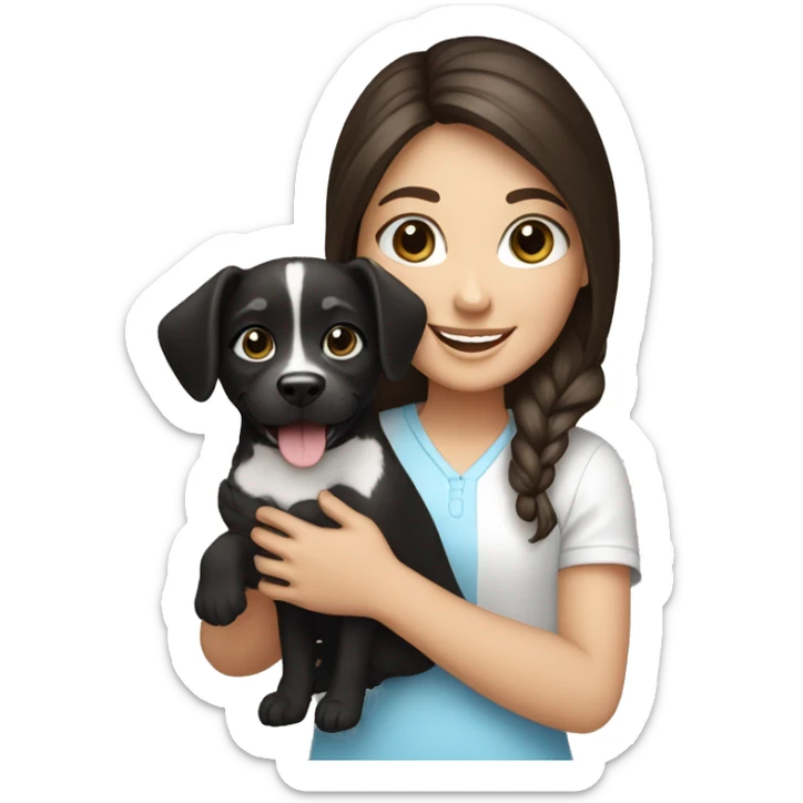 happy brunette girl with blue eyes holding a small black and white dog sticker