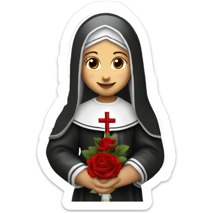 Sainte Therese de Lisieux avec petit sourire complice portant un bouquet de Roses rouges et un crucifix avec Jésus vrai visage de Sainte Thérèse de Lisieux française vue de 3/4 sticker