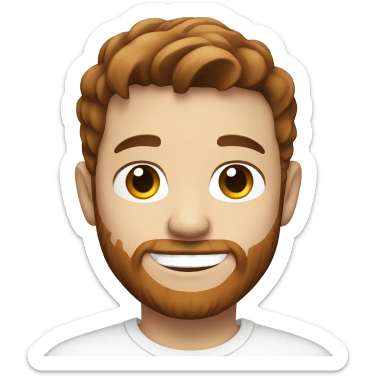 smiling boy in white shirt with brown hair and brown/red beard and white skin sticker