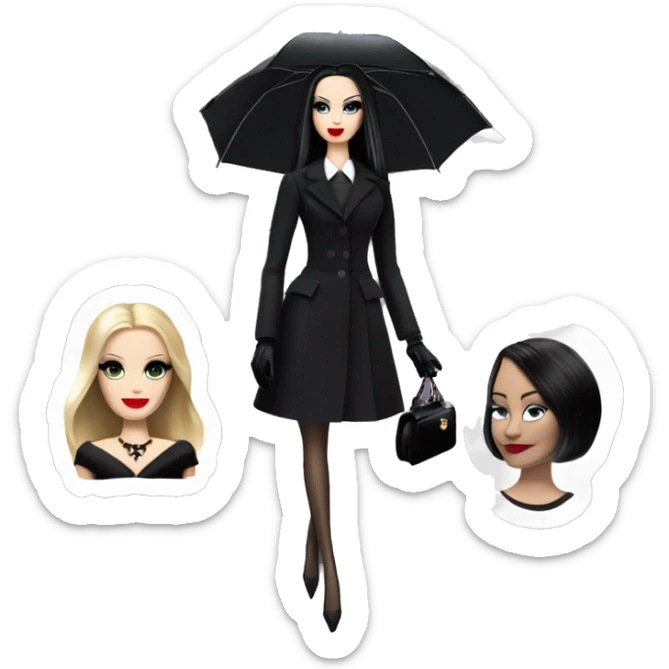 Parisienne Pretty Barbie,Morticia Addams at a rainy funeral holding umbrella, funeral mask,gloves, small purse  sticker