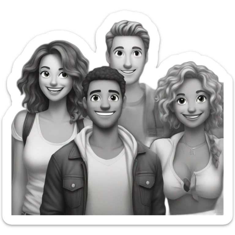  group of friends with a lot of money, make the image look comic style and be in black and white sticker