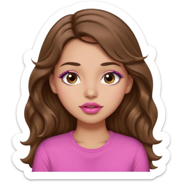 girl with long wavy brown hair, brown eyes, light to medium complexion, in a pink shirt, pink lips, long lashes, puckering up for a kiss sticker