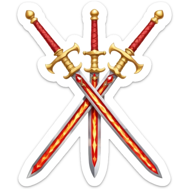 Two crossed swords that are golden in blade and handle and have fiery and royal appearence to them as well as red gem stones sticker