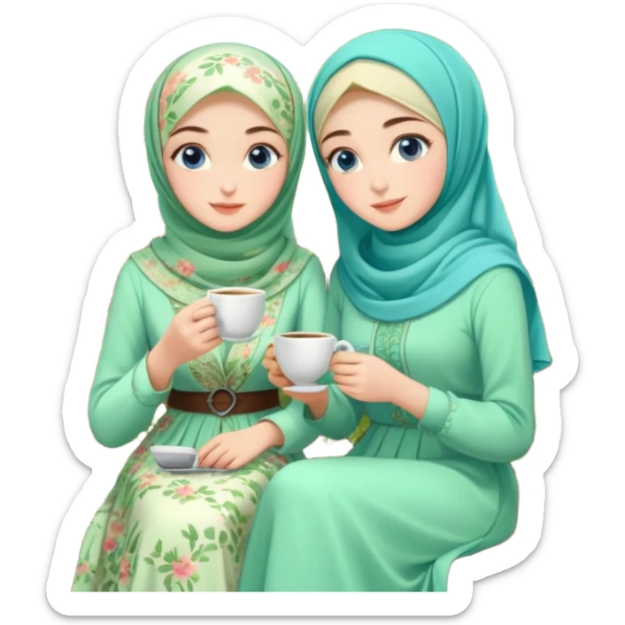 Turkish beautiful finish Konya girls blue eyes with Beautiful light green floral hijab long tail dress and the two friends in a lovely garden sits on the chair on the ground and holds cup coffe with her hand  sticker