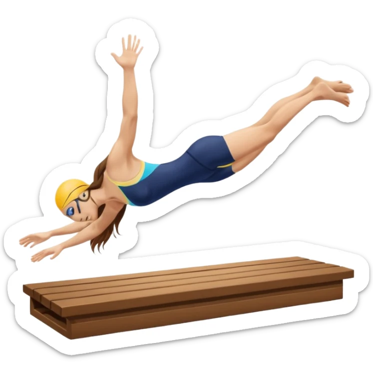 A swimmer is about to dive into the pool. She is in the pose of diving in the air with the hands above the head. Her hair are brown and long. she jumps from a plank sticker
