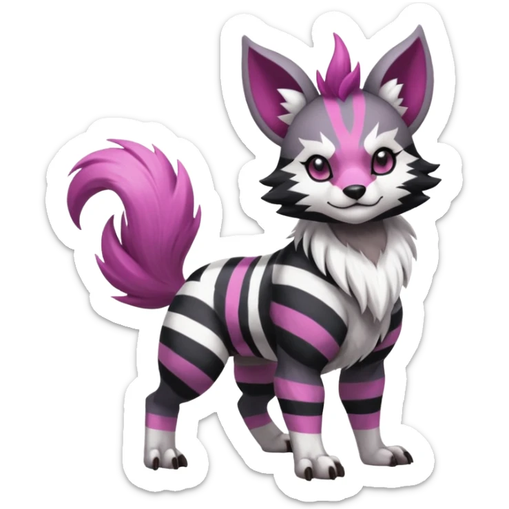 Black and white-striped Colorful Skilled Adept Graceful Asian Painted WereGarurumon-Meloetta-Obstagoon-Furret-fusion-hybrid-creature (full body) with a magenta accent, tufted ears sticker
