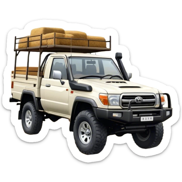 Toyota LandCruiser 70 Series (2021) – Cinematic-realistic Toyota LandCruiser 70 Series ute, its rugged white frame bouncing over rough farm tracks. Dust billows behind as the vehicle powers across dry paddocks, a trusty farm dog perched in the tray, scanning the horizon. sticker