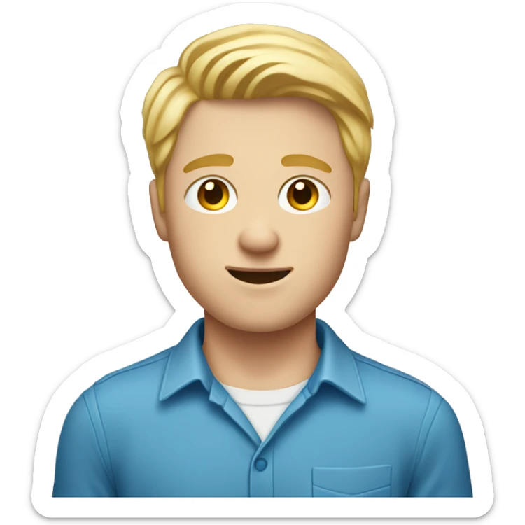 An emoji of a young man with fair skin, blonde hair, wearing a blue shirt, and holding a phone. sticker