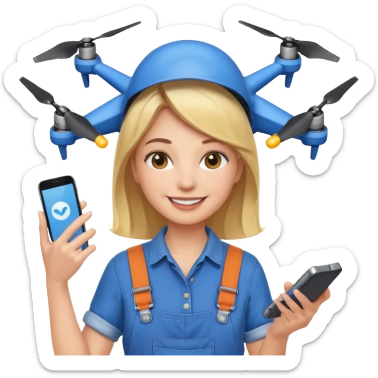 smiling woman in overalls holding a phone with a drone hovering behind her, emoji style sticker