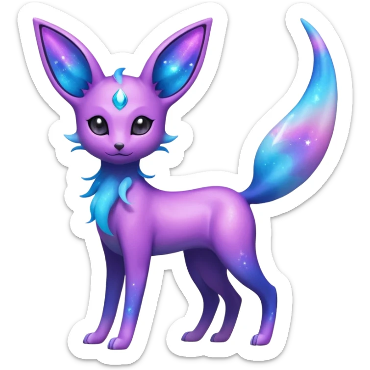 Shiny Iridescent Nebulae Espeon-Umbreon-Sylveon-Dragonair-Fakémon-hybrid-creature (full body)  with a galaxy-dust-flowing-gradient-tail sticker