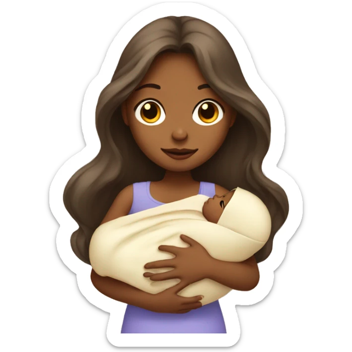Tan girl with long hair holding newborn baby in arms  sticker
