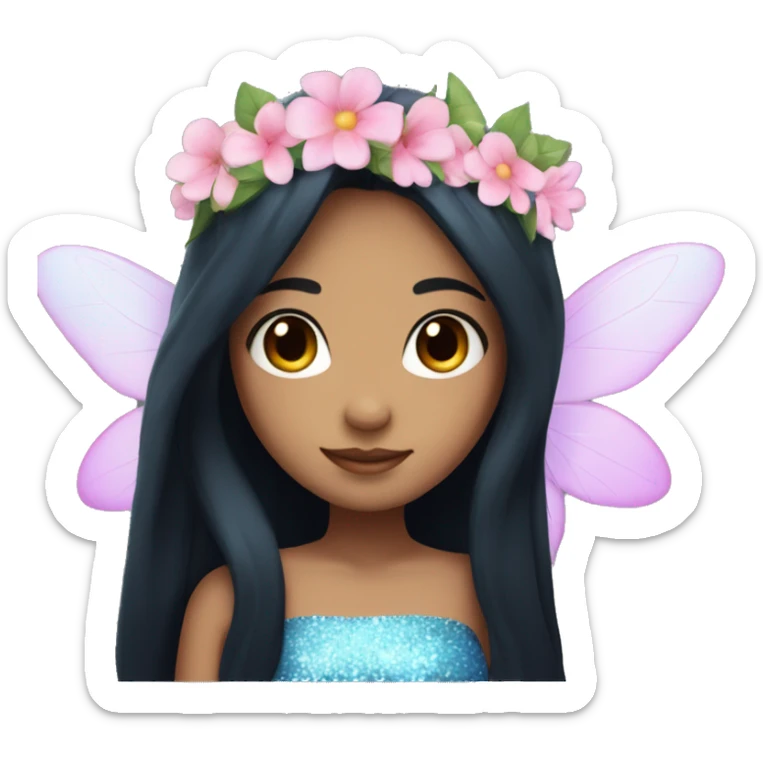 Fairy girl with straight long black hair, blue eyes, medium light skin, sparkly wings, a pink and blue dress and a flower crown sticker
