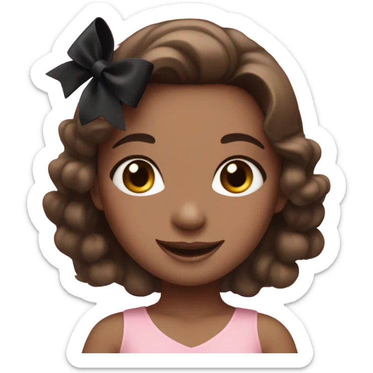 Girl wearing a pink dress with black bows and brunette hair smiling, blush sticker