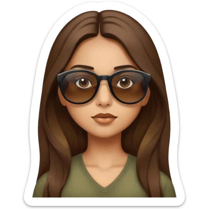 Girl with long brown hair wearing sunglasses and is having a little bit of attitude with the sunglasses a little bit lower on her nose, looking up at you questioning ￼￼ sticker