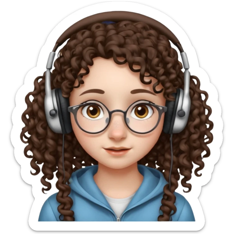 brunette kid with unique face features and very curly long hair kid girl neutral and very big nose and ears and dark eyes with freckles kind of nerd looking and headphone wearing no glassess just nose piercing very big one sticker