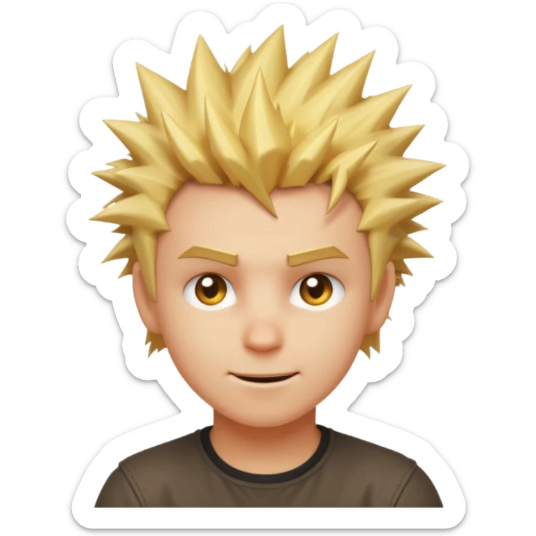 A spiky-haired golden blonde emoji young adult face with a mischievous knowing grin, one raised eyebrow, and a tiny electric spark near the hair — indie game character style on a warm amber background. sticker
