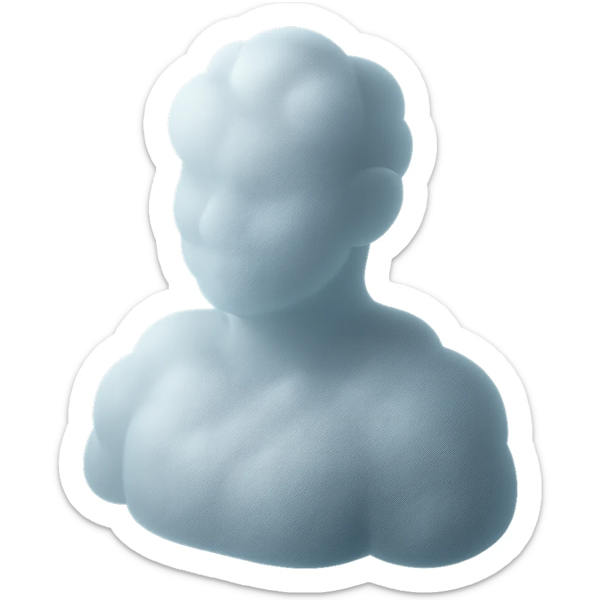 person made entirely of white fluffy convex clouds, shoulder up, front view, matte glass style sticker