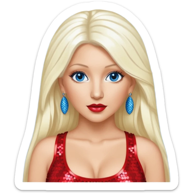Christina Aguilera with long platinum blonde hair, blue eyes, sequin red crop top sticker
