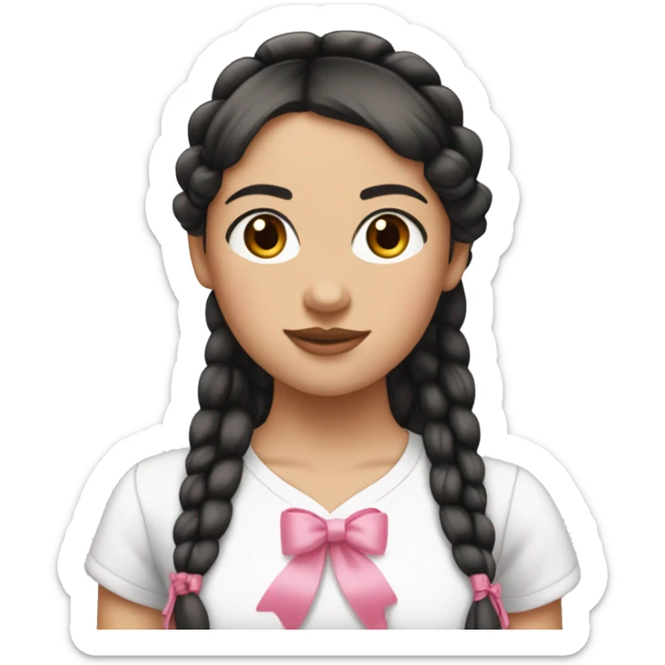 A white girl wearing white T-shirt with two tall braids and (bangs) with pink ribbon bow on each braid looking forward..black hair and brown eyes small nose and pink lips sticker