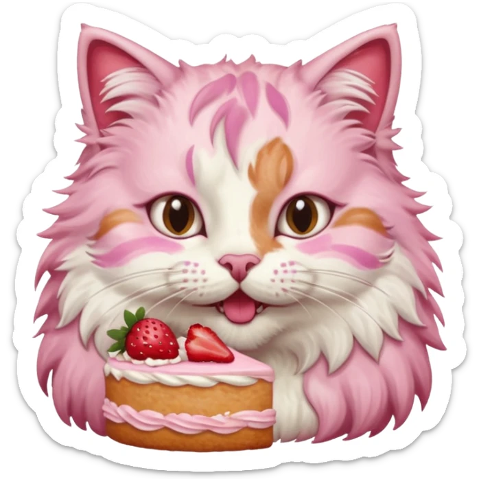 Close-up portrait of a fluffy cat eating a strawberry cake, pink cream on its nose and whiskers, detailed fur texture, soft natural light, shallow depth of field, high resolution, cute and candid moment
, sticker