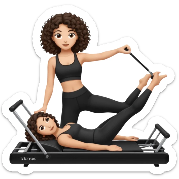 brunette,curly hair shoulder lenght,turkish,beautiful,with some eyelined eyes, 3b girl doing reformer pilates with black pilates cutesy set,on reformer machine,making different moves. sticker