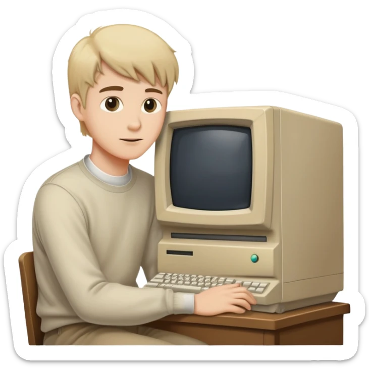 Young man sitting at a very old desktop computer from the 1990s with CRT monitor and beige tower sticker