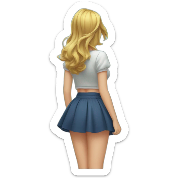 full body back view curvy caucasian beauty in small skirt lifted by the wind butt white socks sticker