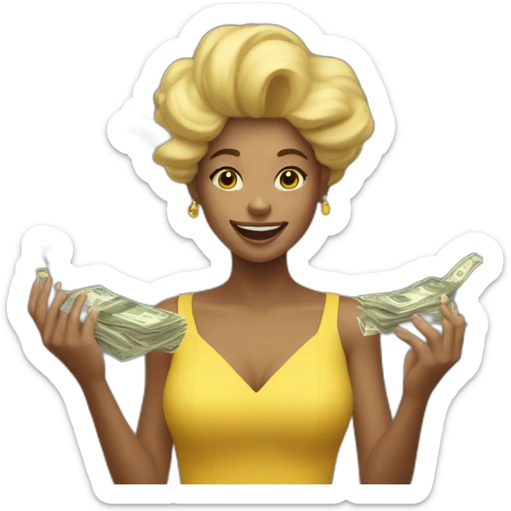 a girl in a yellow dress tosses money up in the air sticker