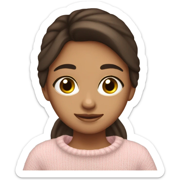 Pretty brown eyed brunette girl with light pink sweater reading cozy sticker