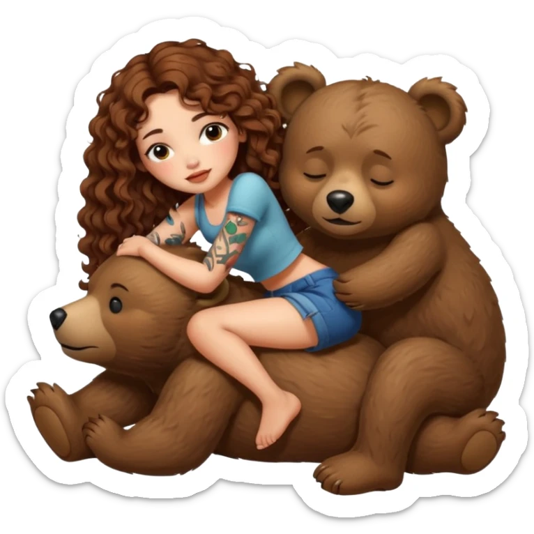 cute woman long curly brown hair tattoos riding sleepy bear sticker