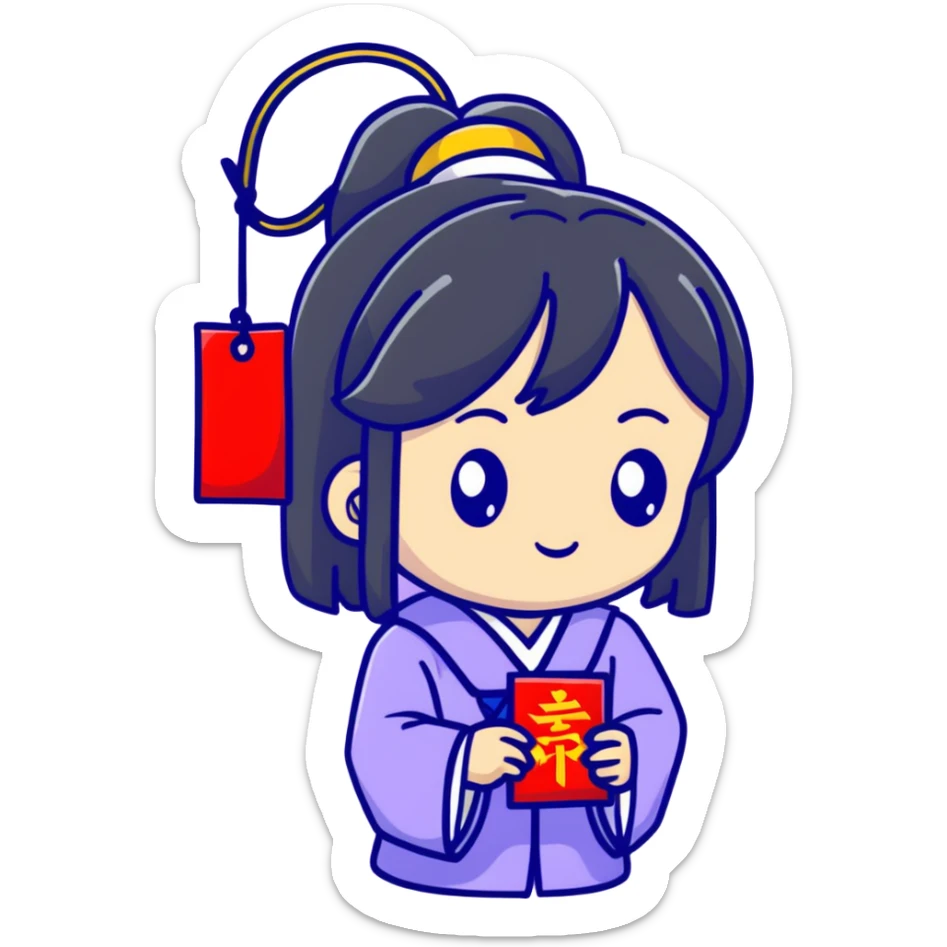 Cute Japanese high school girl buying omamori charm at shrine during school trip sticker
