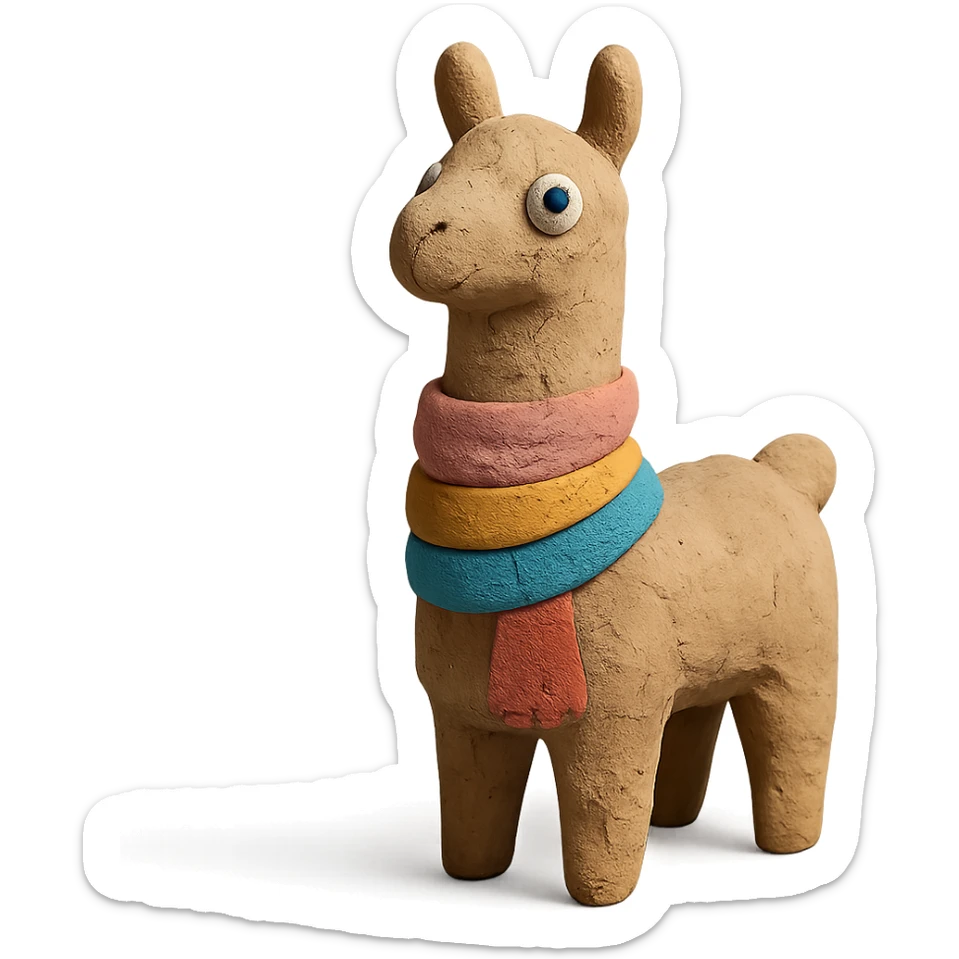 llama in claymation style wearing a colorful scarf with a matte finish sticker