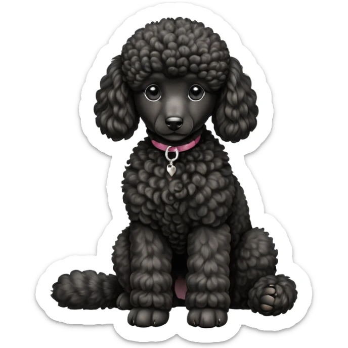 cinematic-[poodle]-realistic-full-body-sitting-emoji,-tail-resting-loosely-beside-its-paws,-head-tilted-dramatically, -curly-[black]-fur,-simplified-yet-realistic-focused-features,-highly-detailed,-glowing-with-an-almost-sarcastic-glow sticker