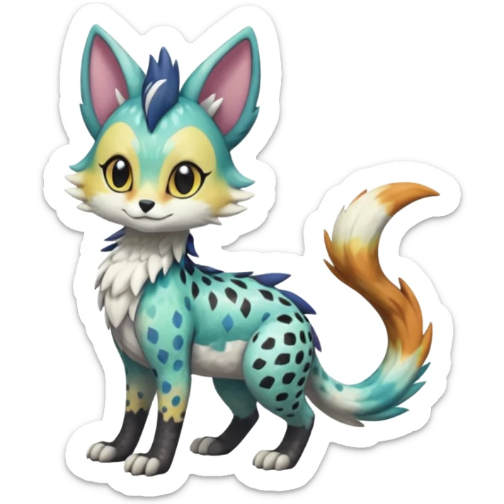 Colorful Shiny Scaly Furry Cute Realistic Meloetta-Trico-Silvally-Nargacuga-Sergal-Serval-Fakémon-creature-hybrid sticker