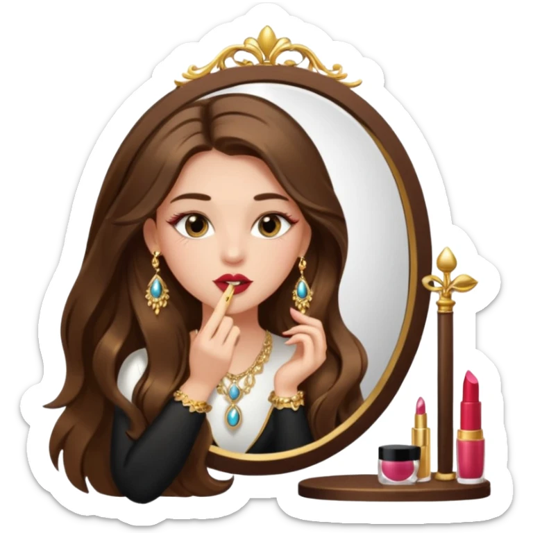 Girl with long brown hair, gold jewelry, and lashes, putting on lipgloss by a mirror  sticker