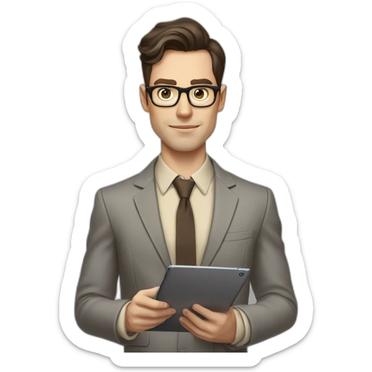 Pale skinned fit man with dark brown hair in gray jacket, beige office shirt, brown tie, brown pants and vintage glasses Writing on the tablet sticker