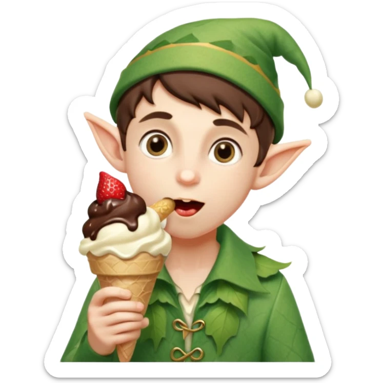 
A young elf boy in leafy clothes licking a triple-scoop ice cream with wide eyes.


A playful forest elf sitting on a log, balancing a huge ice cream tower in one hand.




 sticker