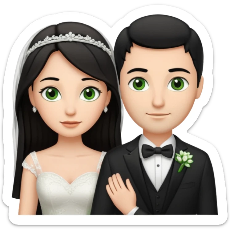 Bride has Black hair brown eyes with brown hair. Groom has green eyes and brown hair tall groom with white wedding bands sticker