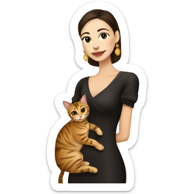 Beautiful skinny woman long dark brown hair in dark dress with gold earrings hug bengal cat sticker