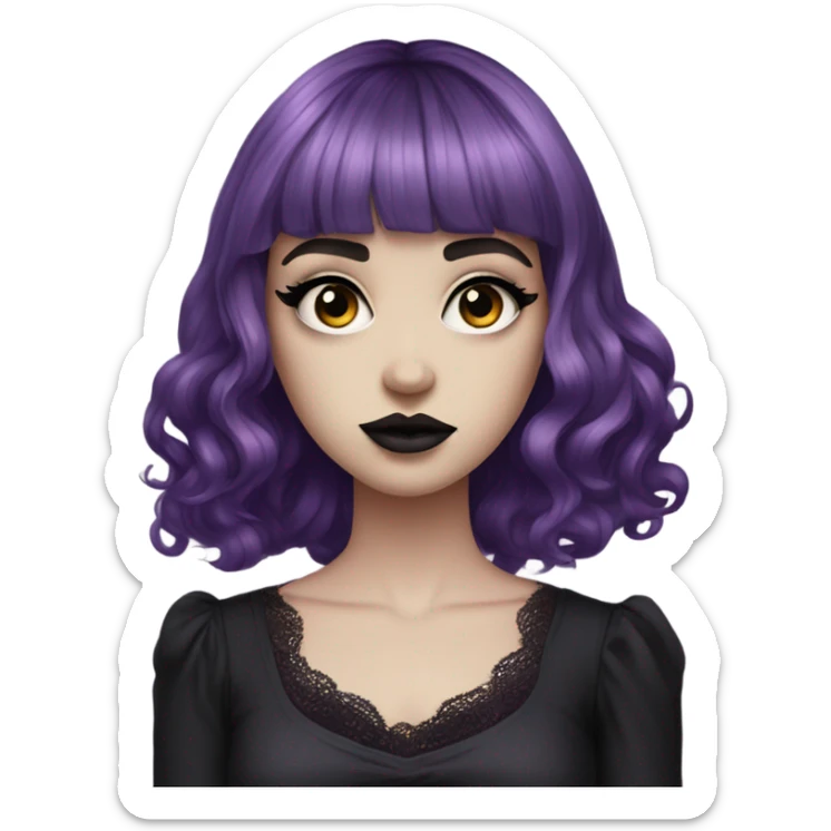 one single alt women, purple hair, wavy hair, medium hair, short bangs, dark makeup, dark pink lips, gothic detailed strap dress, white skin  sticker