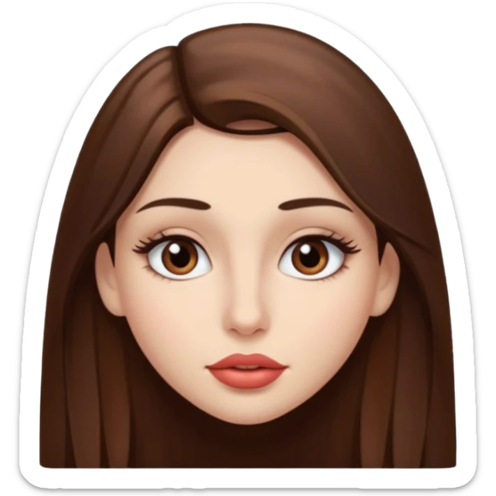 Una chica con piel muy clarita con pleo liso largo de color castaño y unos ojos marrones oscuro y labios grandes y nariz bonita y con unas pestañas sticker