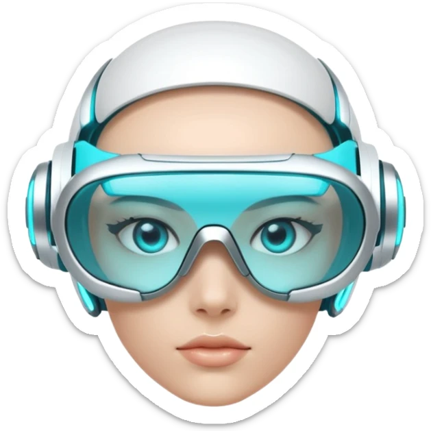 3D render of Digi-Visor, futuristic cyborg aesthetic, fusion of organic skin and chrome metal, sleek white plastic eyewear with a cyan glowing strip, isolated on white background --v 6.0. sticker
