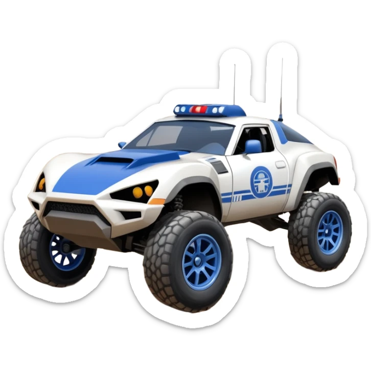 Star Wars storm trooper evil darkly night blue Dirty and dented Local Motors Rally Fighter off road race car hot rod meets 2013 Toyota 86 trophy truck-style basher flying on a dusty road (silver wheels) sticker