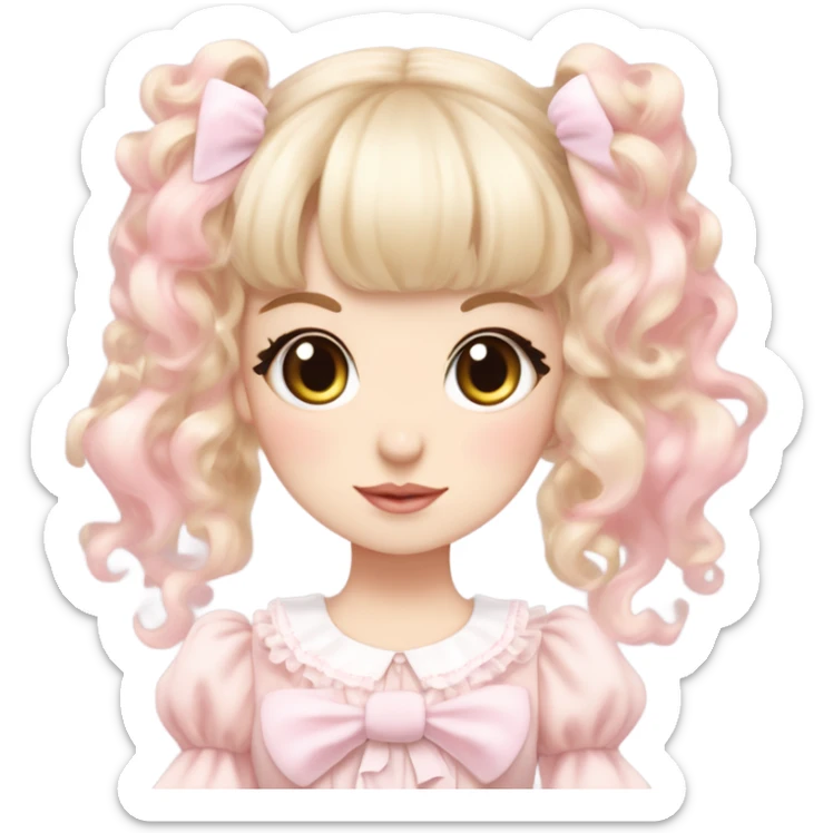pale girl , who has curly medium length blonde and baby pink swirled hair with bangs , grey eyes , and doll like makeup , in a light pink lolita hime gyaru dress  sticker