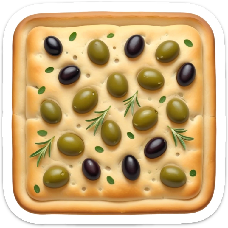 cinematic-realistic-focaccia-bread-dish-emoji,-depicted-as-a-golden,-olive-oil-brushed-flatbread-sprinkled-with-herbs-rendered-with-lifelike-texture-and-soft,-appetizing-lighting showing olives on top  sticker