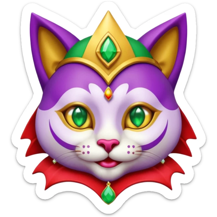 crazy colorful cute little cat jolly joker from poker, medieval, vintage, court jester, mac os icon, purple, gold and red color, half body, emerald green ice eyes, golden earrings. Squared shape as 3D mac os icon, symmetrical sticker