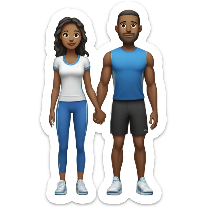 Emoji of a sporty couple, a man and a woman in athletic outfits, standing together in full body, holding hands, with Valentine's D sticker