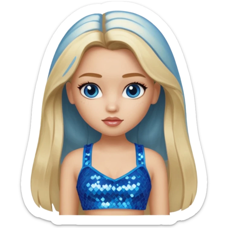 Cloe from Bratz with long light blonde hair, light skin, blue eyes, blue sequin crop top sticker